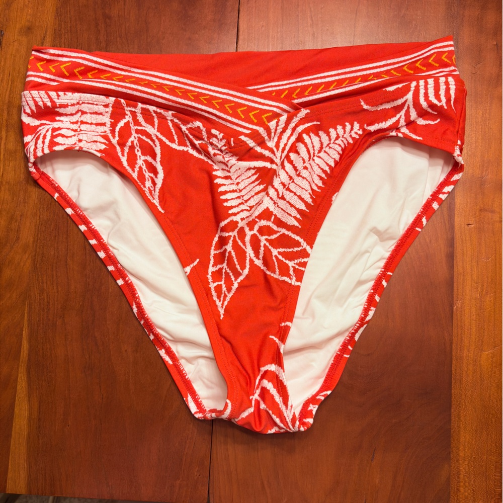 La Blanca Red and White Bikini Bottom Tropical Tapestry Hi Cut Size 8 Swimsuit